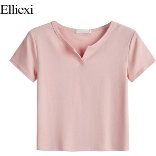 Elliexi Pink V Neck T Shirt Women Essential Basic Short Sleeve Solid Slim Crop Tops Tees Unfinished Cotton Stretch TShort Top