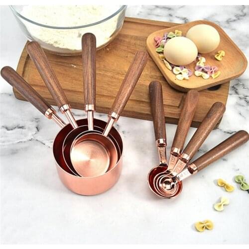Household Kitchen Dining Bar Baking Tools Walnut Wooden Handle Copper Plating Measuring Cups Spoon Cake Sugar Tools Set