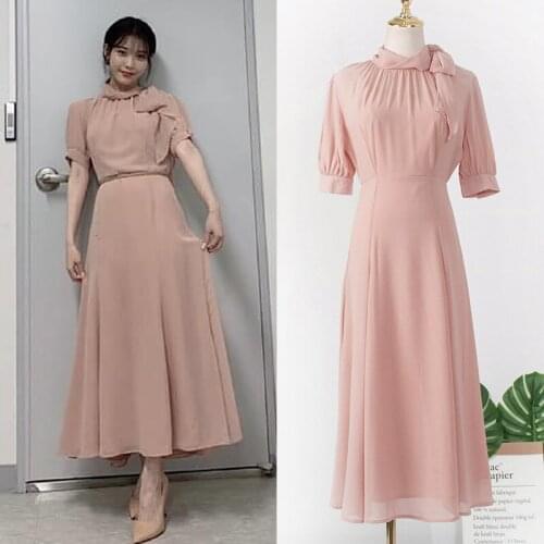 Kpop IU Lee Ji Eun 2021 Summer new Lady Pink sweet Long section Dress women korean Evening party elegant Short Sleeve dresses