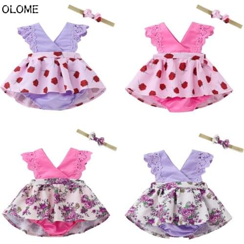 OLOME Summer Baby Girls Dress with Bow Headband Comfortable Infant Short Sleeve Dress Princess Style Newborn Girls Dress