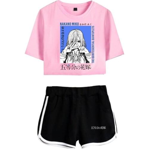 Hot Summer Comic The Quintessential Quintuplets Pink Exposed Navel Black T-shirt+Shorts Casual Womens/Girls two-piece Sets