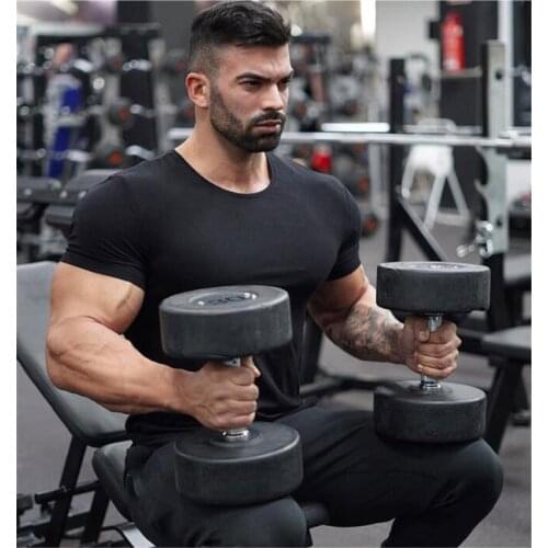 Brand Mens Muscle Fitness Short Sleeve T-shirts Cotton Gyms Tshirt Solid Arc hem Tops Breathable Stretch Tee shirts