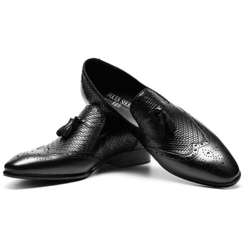 Mens Tassel Loafer Genuine Leather Black Slip On Men Dress Shoes Designer Shoes Wedding Formal Shoes Da02