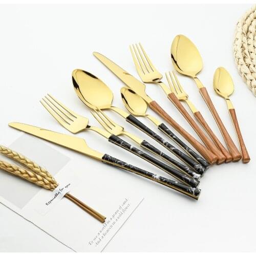 Wooden Handle Texture Western Tableware Set Stainless Steel Cutlery Set Knife Fork Spoons Teaspoon Dinner Set Service Dinnerware
