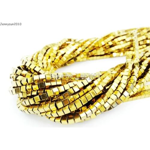 Natural Hematite Healing Gems Stones Square Cube 3mm Beads Non Magnetic Metallic Gold 15.5'' Jewelry Making 10 Strands/Pack