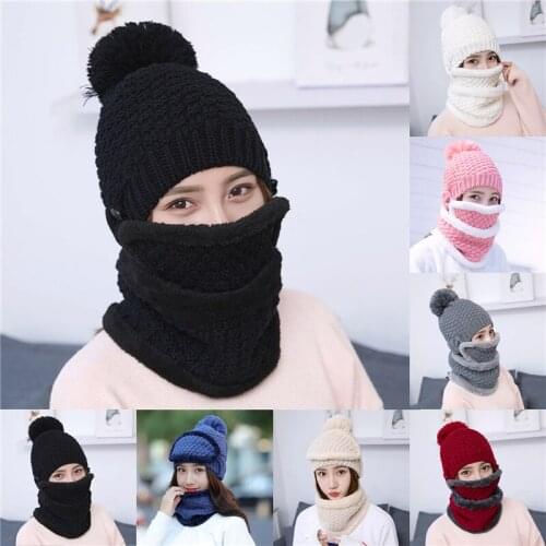 New Winter Cycling Hat Women Warm Wool Beanies Hats With Mask Collar Bib Female Velvet Thick Anti-smog Knit Caps