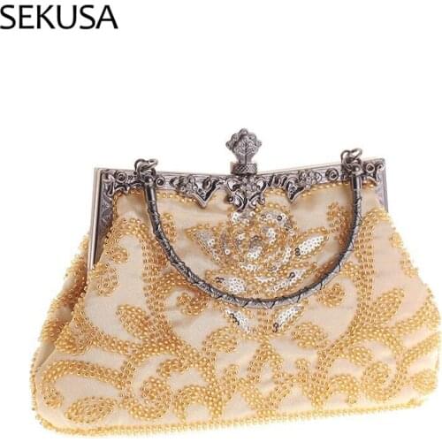 Satin Vintage Style Women Day Clutch Soft Beading Golden Handle Evening Bags Bucket Design Holder