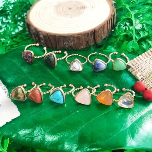 SAY HELLO Natural Stones Inlaid Rings for Women Small Geometric Triangle Pink Spar Turquoises Finger Open Rings Ringe K6684