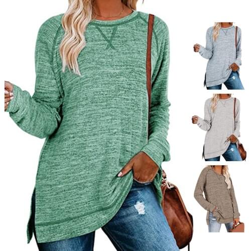 Women New Stylish Loose Casual Solid Long Sleeve O-neck Sweatshirt Side Split Pullover Tops