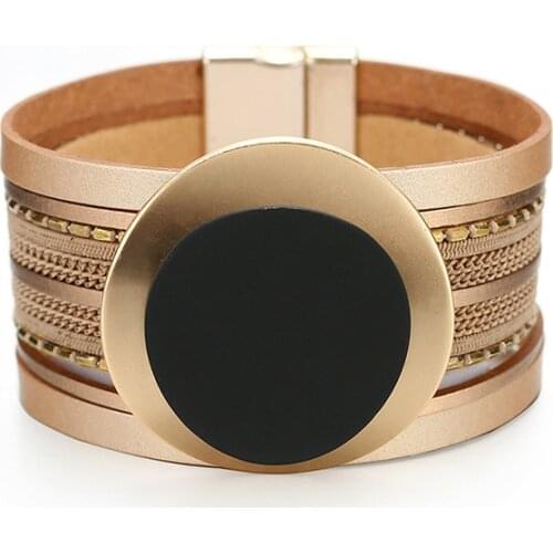 TOTABC Fashion Round Metal Charm Bracelets For Women Elegant Gold Color Female Wide Leather Bracelets & Bangles Female Jewelry