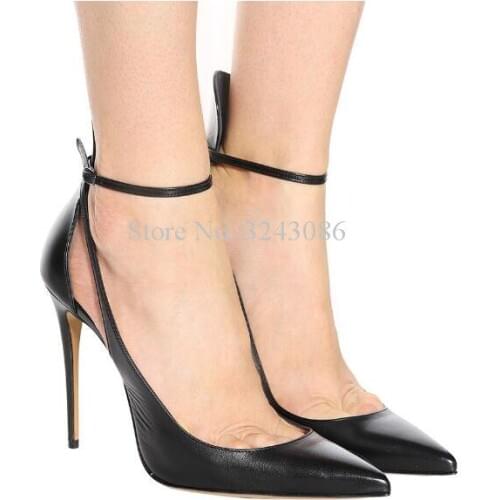 Black Leather Strap Stiletto Heel Pumps Shoes Women Sexy Pointed Toe Office Single Shoes Lady Large Size Party Shoes Dropship
