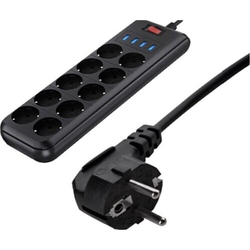 HFES Smart Electrical Socket Extension Power Strip 4 USB Charger Adapter 6 Outlet Surge Protection Switch 10-Hole, EU Plug