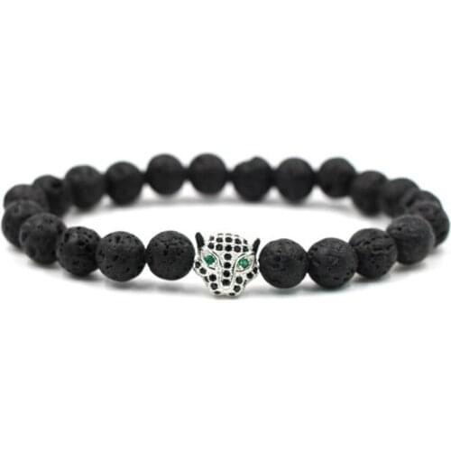FYJS Unique Cool Men Jewelry 3 Colors Leopard Head Inlay Zircon Connect 8 mm Round Beads Black Lava Stone Bracelet