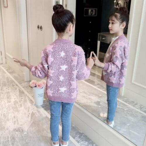 Spring Fall Girls Knitted Sweater Cardigan Childrens Princess Sweaters Korean Kids Fashion Star Snowflake Pattern Knitwear B329