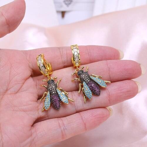 JUWANG Vintage Stud Earrings Luxury Jewelry Cubic Zirconia Beetle Bee Pendant Dangle Earrings For Women Brincos Pendientes Mujer
