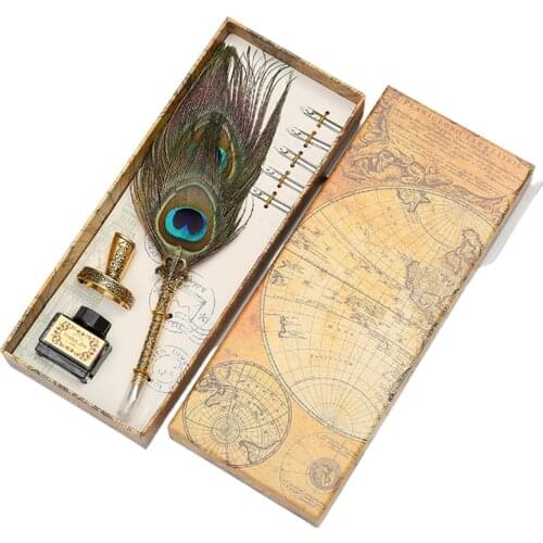 Vintage Peacock Feather Pen Set with Holder Ink and 5 Replacement Nibs Calligraphy Writing Quill Ink Dip Pen Gifts