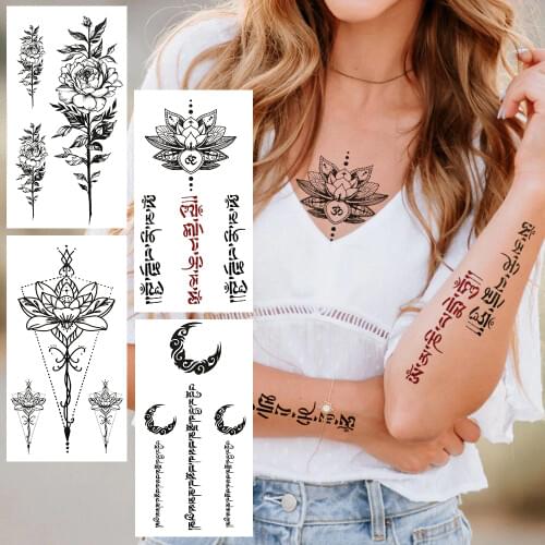 Lotus Temporary Tattoo For Women Minimalist Words Letter Fake Tattoos Geometry Small Black Henna Flower Moon Tatoo Chest Hands