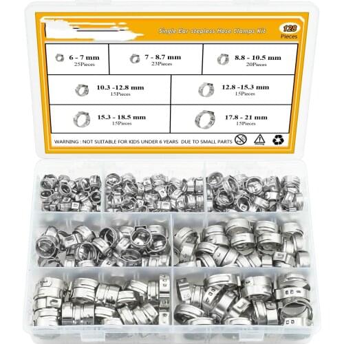 128pcs 304 Stainless Steel Single Ear Stepless Hose Clamps Clamp Assortment Kit Crimp Pinch Rings for Securing Pipe Hoses