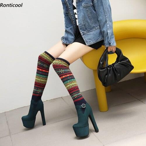 Ronticool 2021 Fashion Women Winter Over The Knee Ethnic Boots Square High Heels Round Toe Black Party Shoes Size 43 45 46