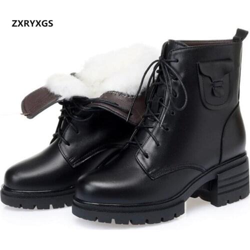 New Winter Martin Boots Warm Shoes Woman Snow Boots Genuine Leather Plush / Wool Boots Thick Bottom Non-slip Women Boots Black