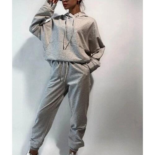 Womens suit drawstring hooded solid long sleeve top jogger trouser sets casual streetwear 2021 autumn spring two piece set woman