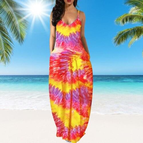 Womens Long Dress Tie-dye Suspender Skirt Tie Dye Print Drawstring Robe Boho Style Large Hem Sundress Vacation Daily Clothing