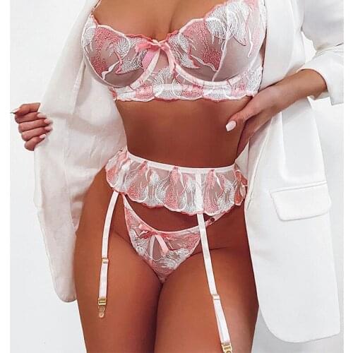 Women Sexy Beautiful Lingerie Gorgeous Pink Underwear Transparent Bra Panties garter belt three-piece set
