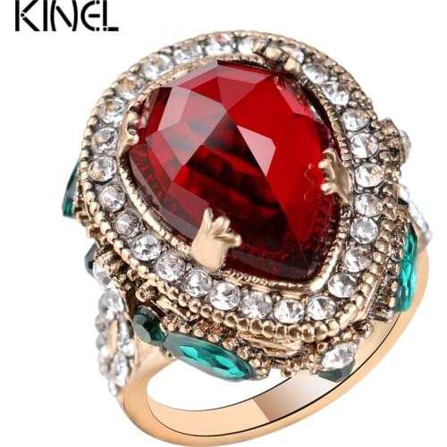 2017 New Luxury Vintage Wedding Rings For Women Red Crystal Color Antique Gold Punk Party Cocktail Ring Turkish Jewelery
