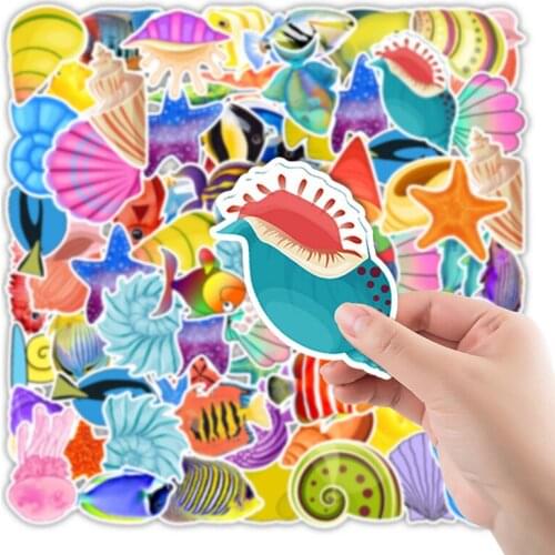 50 PCS Sea Fishes Animal Stickers Ocean World Plants Coral Jellyfish Cute Cartoon Waterproof Sticker Kids Toy Graffiti Decals