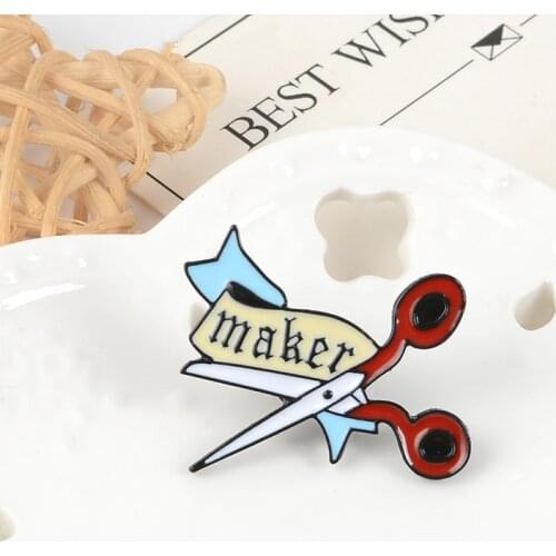 Red scissors MAKER enamel brooch blue ribbon button scissors lapel pin clothes lapel badge mother hard worker jewelry gift