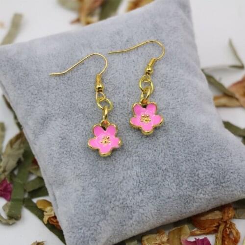Hot Sale 11mm Pink Flower Elegant Dangle Earrings for Women Gold-color Cloisonne Eardrop Enamel Fashion Elegant Jewelry B3007