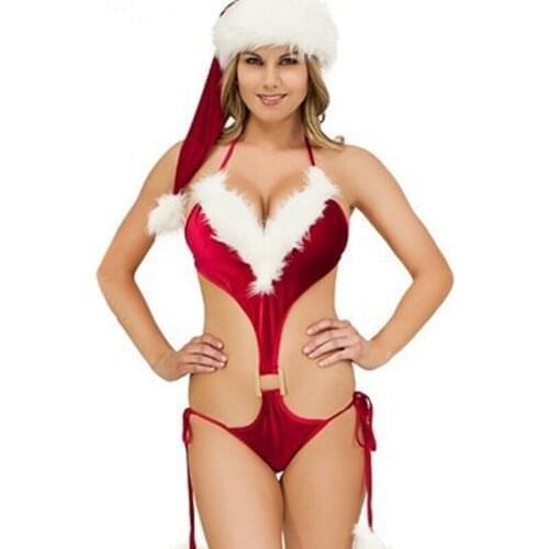 2020 new ladies sexy santa claus underwear set faux fur christmas babydolls bra one-piece hat 2pcs bandage exotic suit underwear
