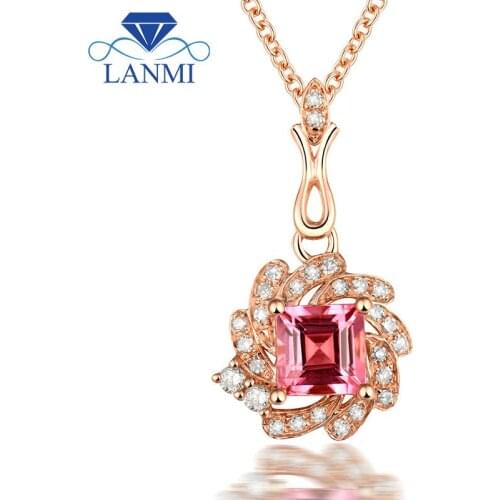 Luxury 18k Gold Natural Pink Tourmaline Pendant With Diamond Princess Cut 4.5mm For Party WP067