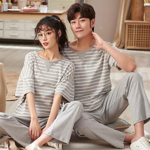 Men & Women Casual Premium Black Sleepwear Homewear Summer Couple Pajamas Set Cartoon Print Cotton Short Sleeve Lover Nightwear