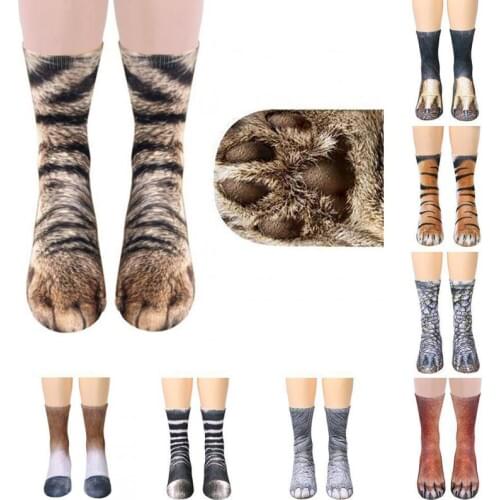 1Pair 3D Animals Print Socks Unisex Crew Cat Long Stocks Elastic Breathable Sock Dog Horse Zebra Pig Cat Paw Kids Socks