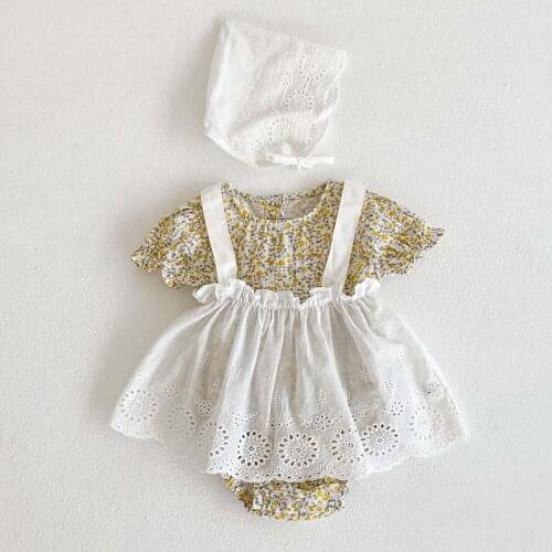 Summer New Toddler Baby Girl Floral Print Short Sleeve Bodysuit+Infant Girls Cotton Solid Suspender Skirt +Hat 3pcs Clothes Set