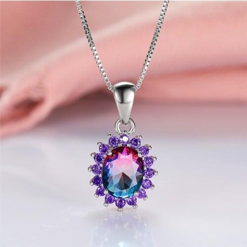 Charming Rainbow Crystal Pendant Necklace Blue Purple Oval Zircon Flower Necklace Vintage Silver Color Chain Necklaces For Women