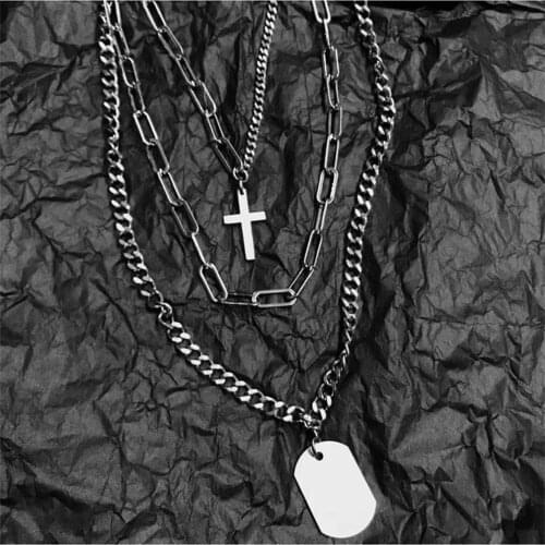 Hip hop Personality Cross Square Metal Multilayer Long Chain Cool Simple Pendants Necklace For Women men Jewelry Gifts e girl