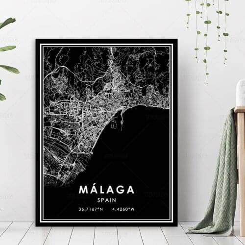 Custom map poster MALAGA city map black and white print canvas painting for living room home decoration декор комнаты
