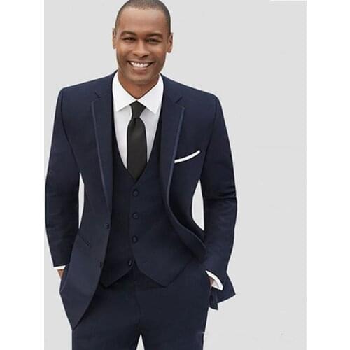 Slim Fit Navy Blue Men Suits Wedding Groom Tuxedos Business Prom Wear 3 Pieces (Jacket+Pants+Vest) Best Man Blazer