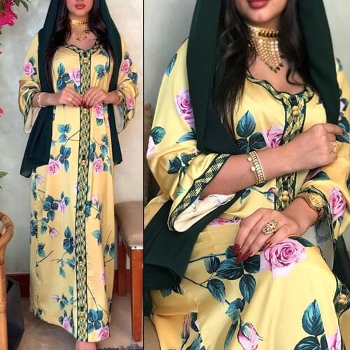 Eid Ramadan Elegant Ethnic Floral Maxi Dress for Women 2021 Loose Muslim Jalabiya Long Sleeve Arabic Oman Dubai Islamic Clothing