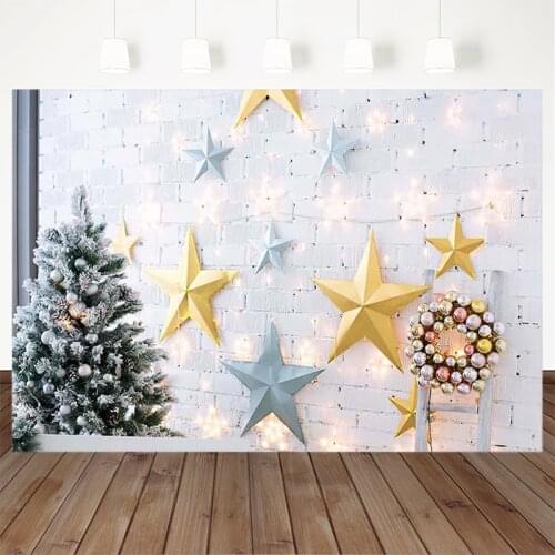 Christmas Photography Background Christmas Tree Stars Decorative White Brick Wall Backdrops Portrait Banner For Photo Studio