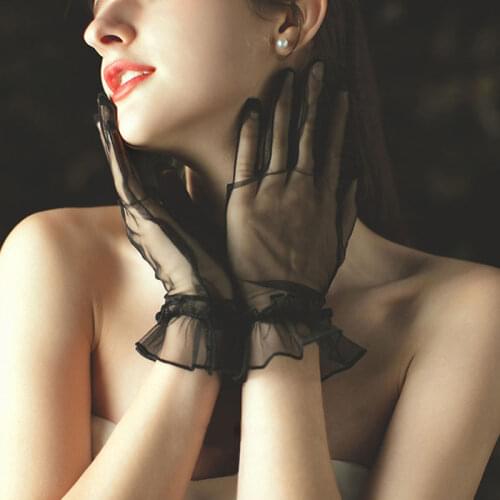 Bride Ruffle Black Gloves Women 2021 Hot Europen And America Fashion And Sexy Black Gauze Gloves For Ladies Banquet Dance Party