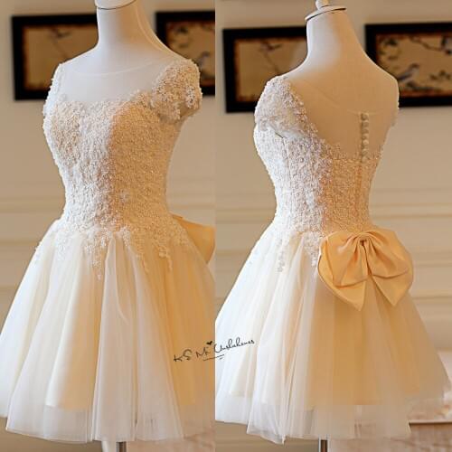 Vintage Champagne Wedding Dresses Short Cap Sleeve Above Knee Wedding Gown 2018 Bow Christmas Bride Dress Vestido de Noiva Curto