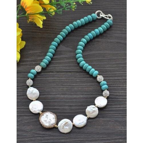 Z10766 20" 25mm White Coin Pearl Blue Rondelle Turquoise CZ Bead Necklace