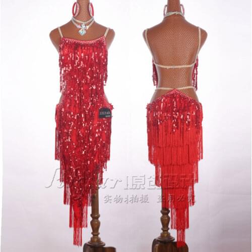 Women Ladies Sleeveless Sparkling Sequin Tassels Fringe Ballroom Samba Tango Stage Latin Dance Dress Rave Costume