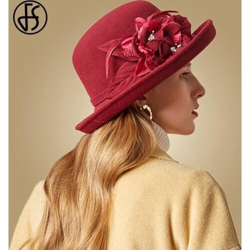 FS Women Black Wide Brim Wool Felt Fedora Hats Cloche Vintage Bowler Hat Church Formal Cap Ladies Winter Autumn Fedoras