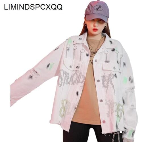 Letter Hot Drilling Hip Hop Burrs Hole Ladies Denim Jackets 2021 Autumn Plus Size Harajuku Woman Jean Coats Clothing Chain New