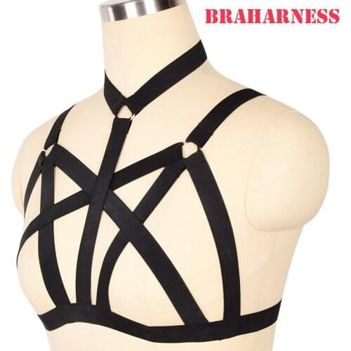 Woman Punk Style Pole Dance Harness Bra Black Tops Goth Accessories Bralette Sexy Outfit Woman Erotic Stocking on The Body