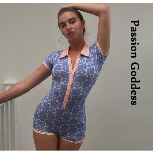 Summer Women Printed Playsuits Single-breasted Turn Down Collar Bodysuits Rompers Skinny Shorts Jumpsuits Longue Overalls Y2k